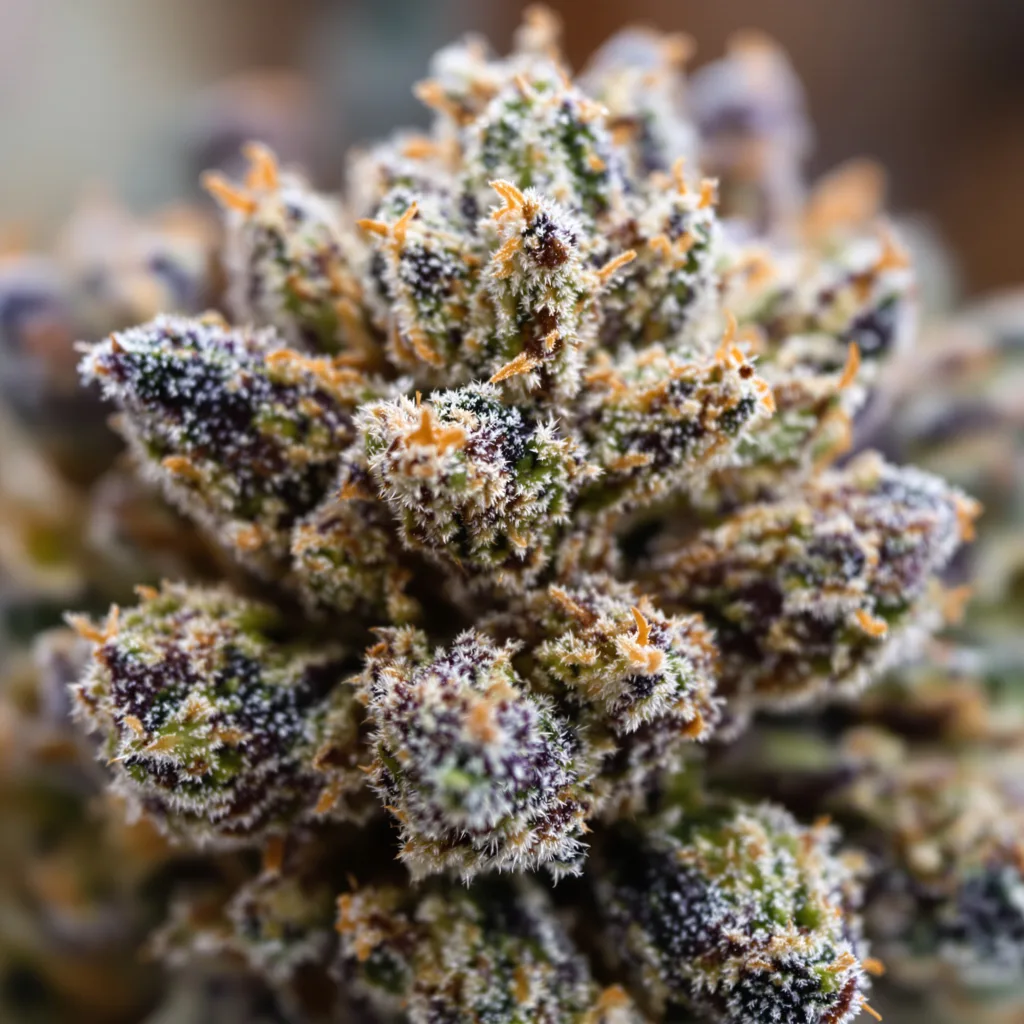 Primer plano de cogollo de cannabis Purple Alien OG mostrando cálices densos con tonos morados
