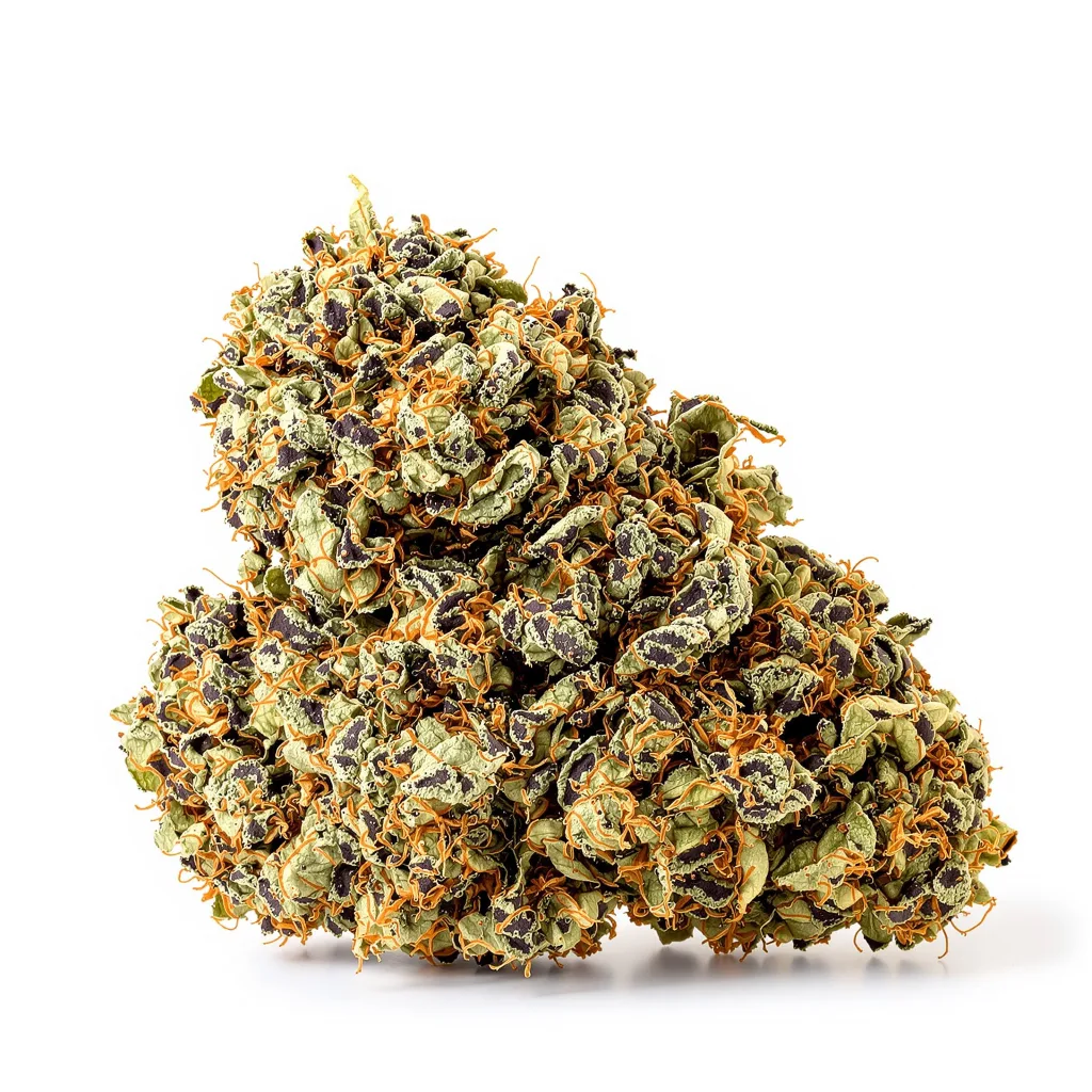 Purple Alien OG 86% indica / 14% sativa — flor con tricomas visibles