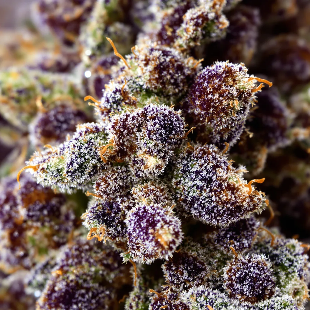 Primer plano de cogollo de cannabis Purple Alien OG mostrando cálices densos con tonos morados