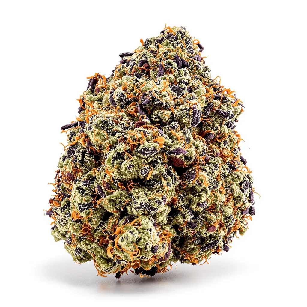Purple Alien OG 86% indica / 14% sativa — flor con tricomas visibles