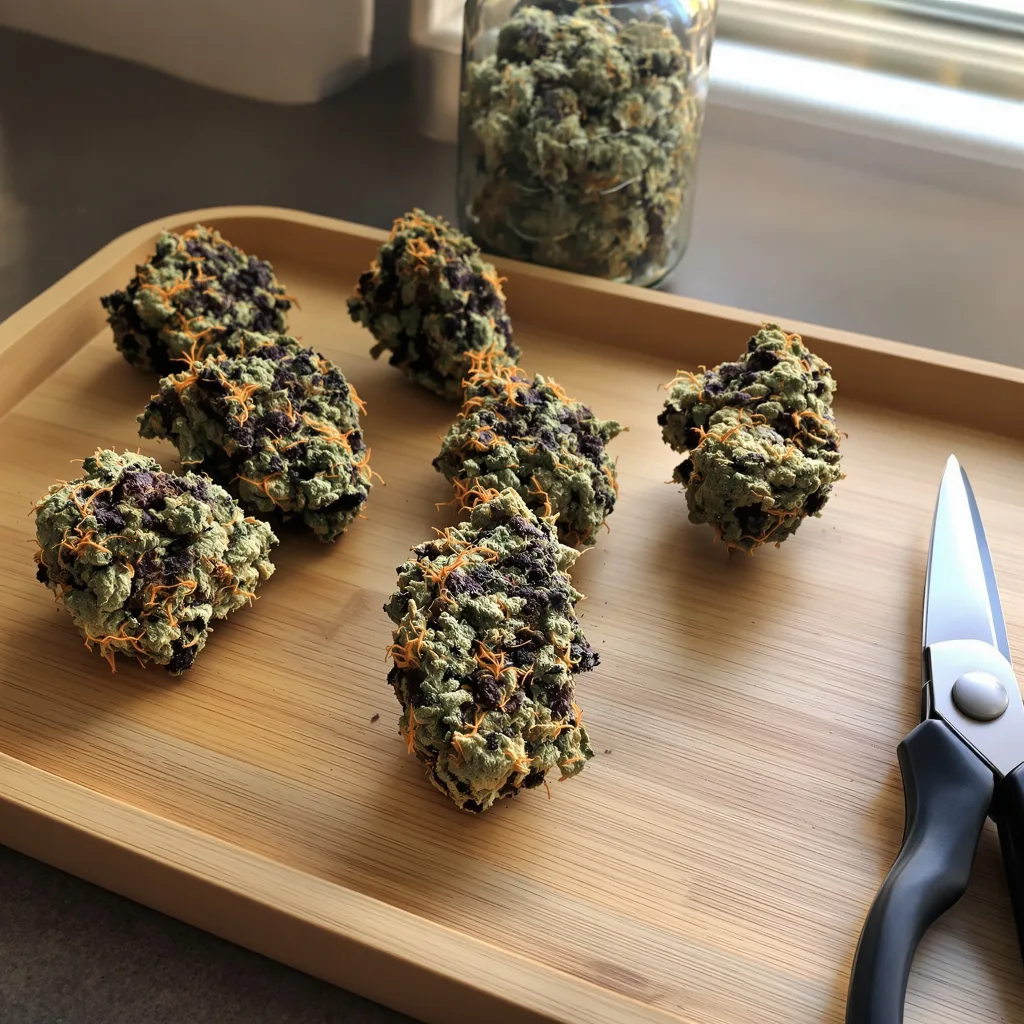 Purple Arrow 79% indica / 21% sativa — flor con tricomas visibles