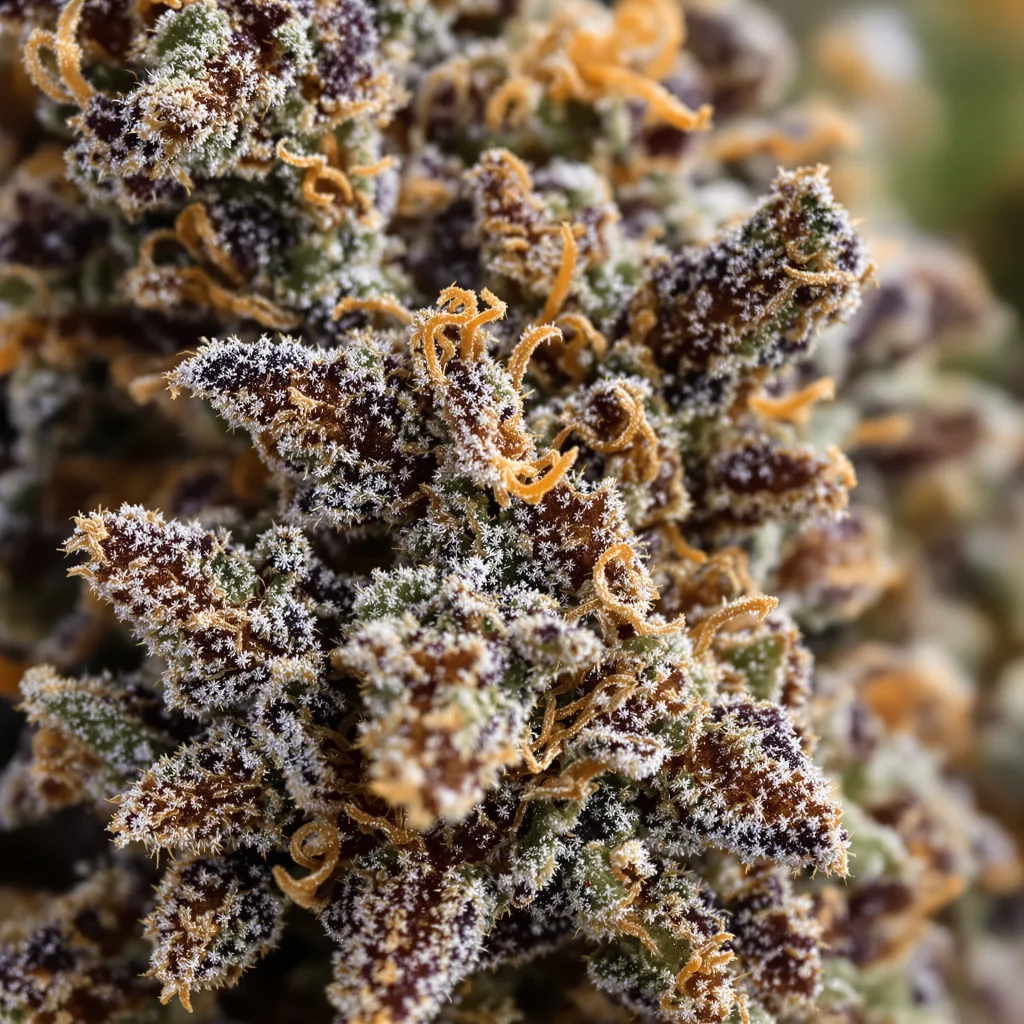 Primer plano de cogollo de cannabis Purple Arrow mostrando cálices densos con tonos morados