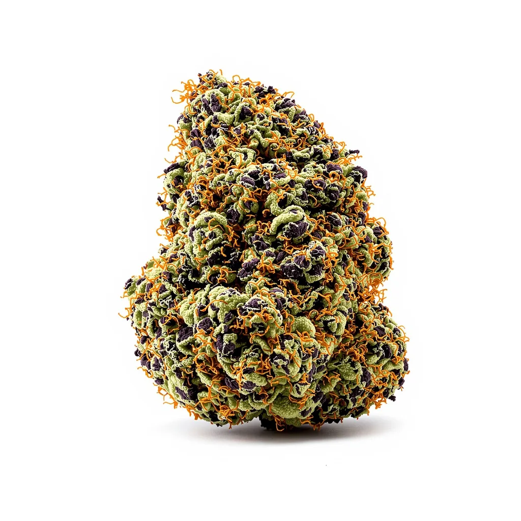 Purple Arrow 79% indica / 21% sativa — flor con tricomas visibles