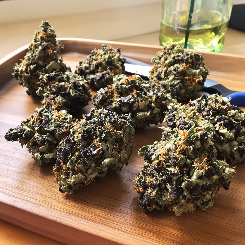 Purple Arrow 79% indica / 21% sativa — flor con tricomas visibles