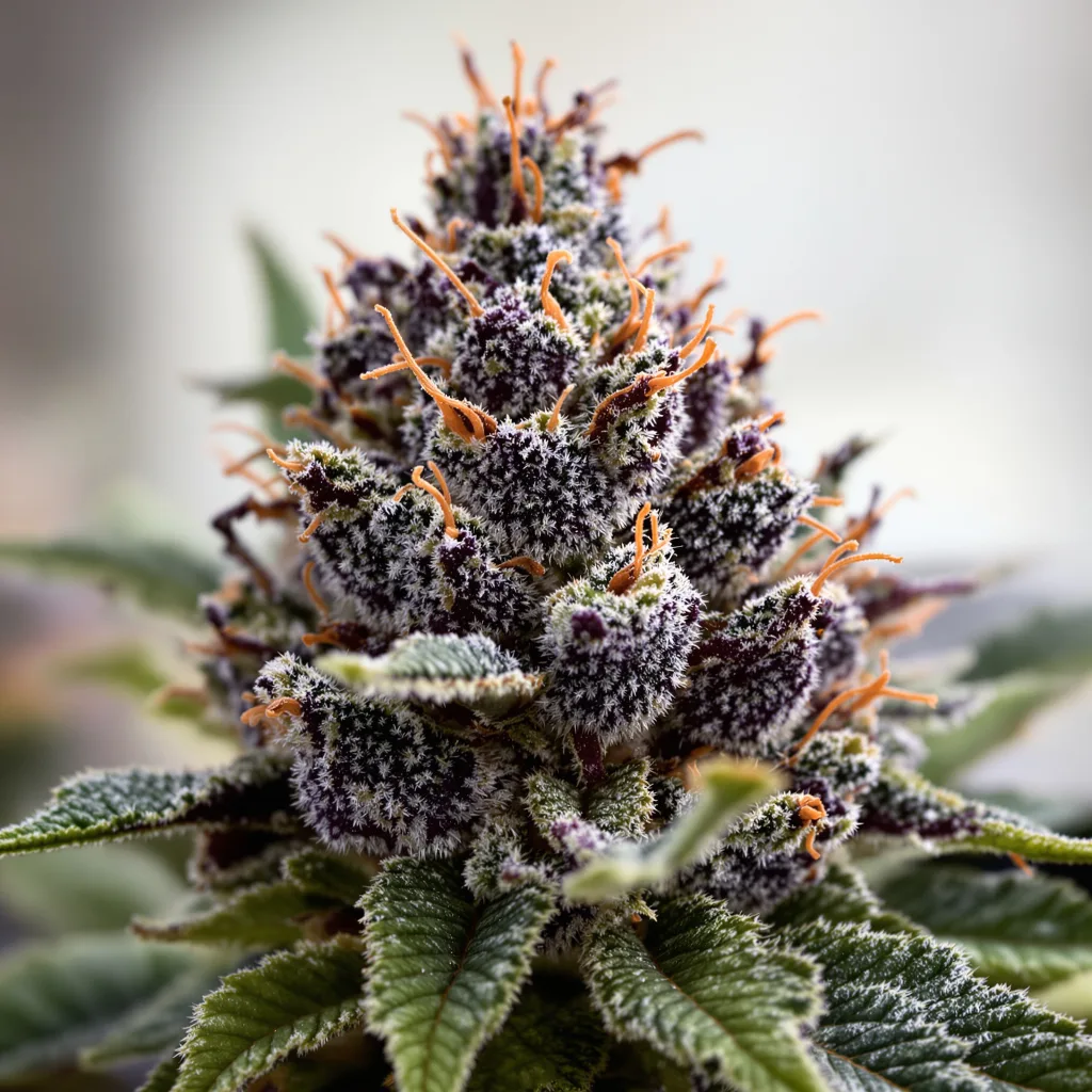 Primer plano de cogollo de cannabis Purple Arrow mostrando cálices densos con tonos morados