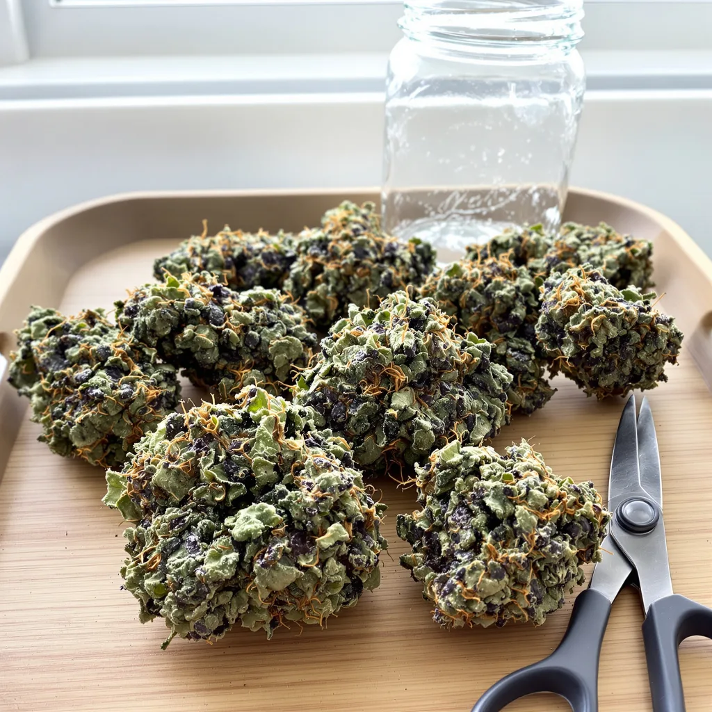 Purple Berry 76% indica / 24% sativa — flor con tricomas visibles