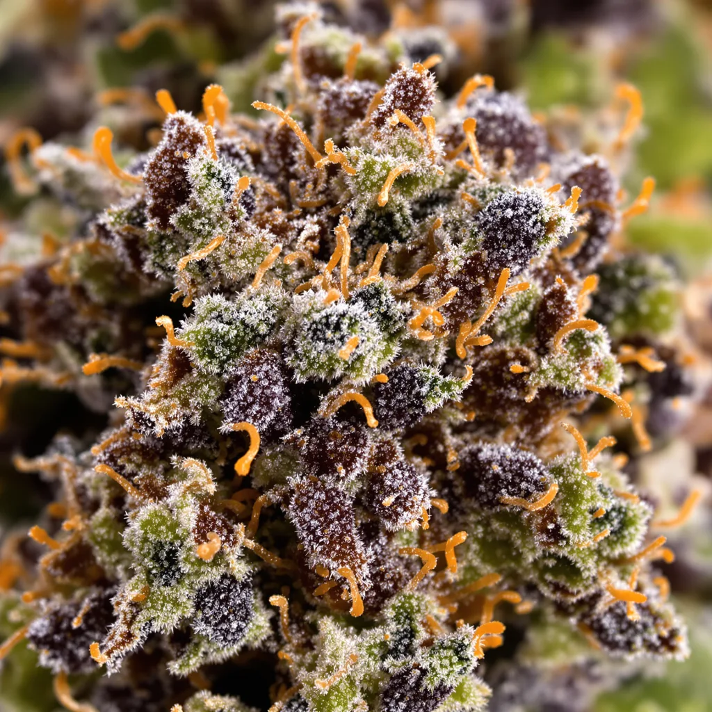 Primer plano de cogollo de cannabis Purple Berry mostrando cálices densos con tonos morados