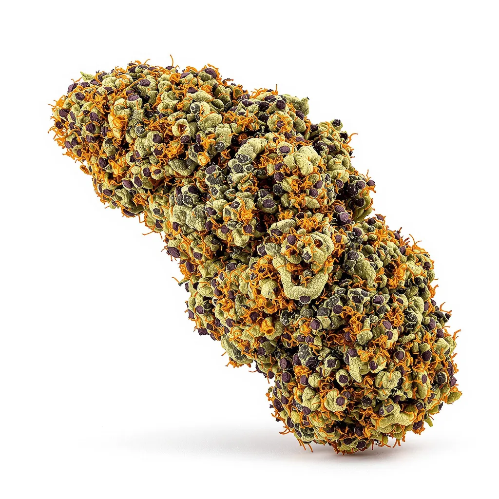Purple Berry 76% indica / 24% sativa — flor con tricomas visibles