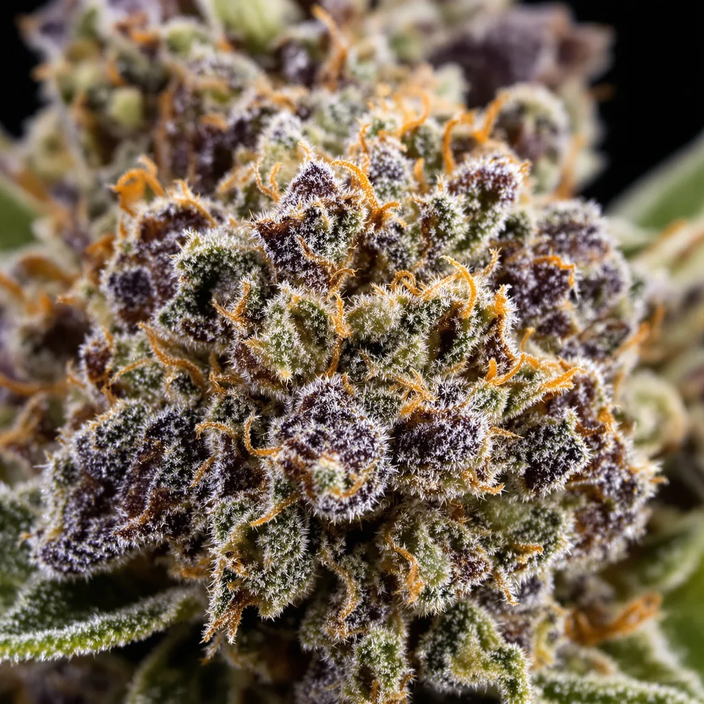 Primer plano de cogollo de cannabis Purple Berry mostrando cálices densos con tonos morados