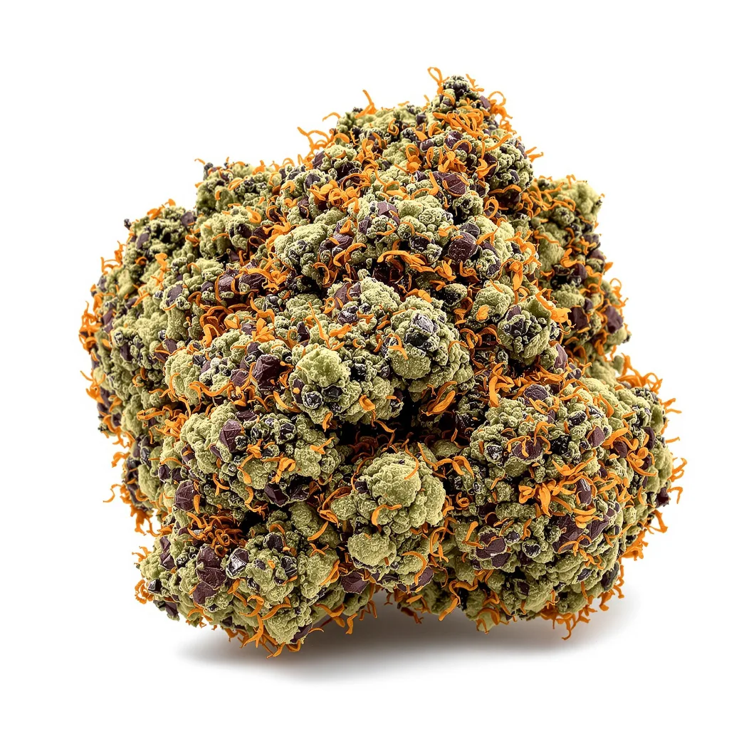 Purple Berry 76% indica / 24% sativa — flor con tricomas visibles