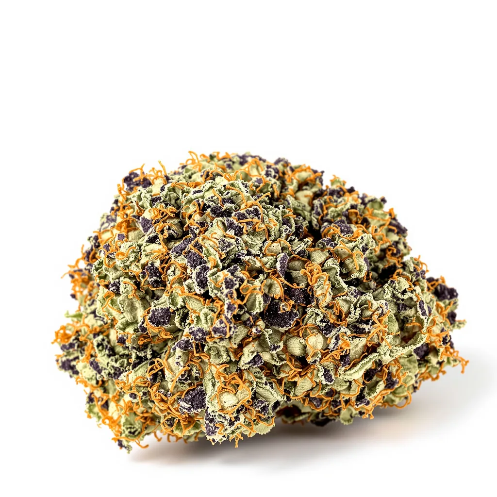 Purple Bubba 80% indica / 20% sativa — flor con tricomas visibles