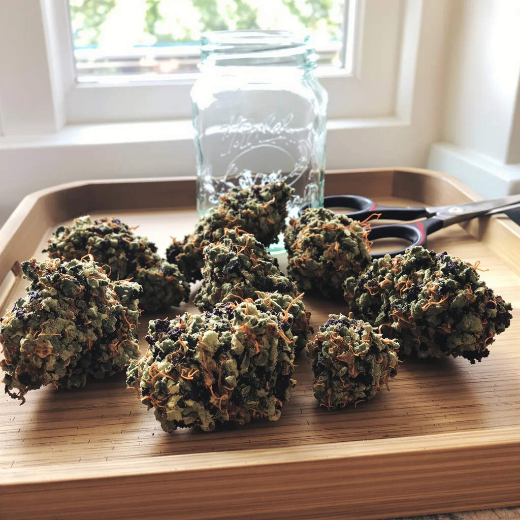 Purple Buddha 79% indica / 21% sativa — flor con tricomas visibles