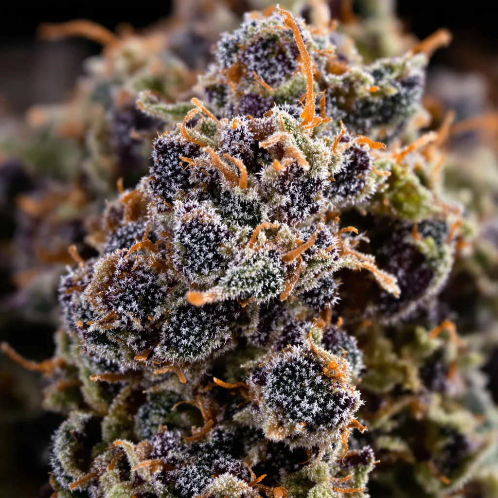 Primer plano de cogollo de cannabis Purple Buddha mostrando cálices densos con tonos morados