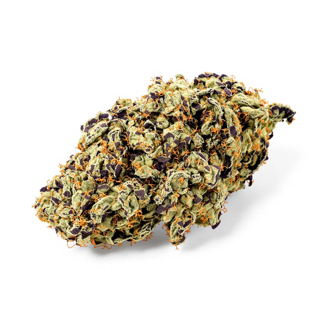 Purple Buddha 79% indica / 21% sativa — flor con tricomas visibles