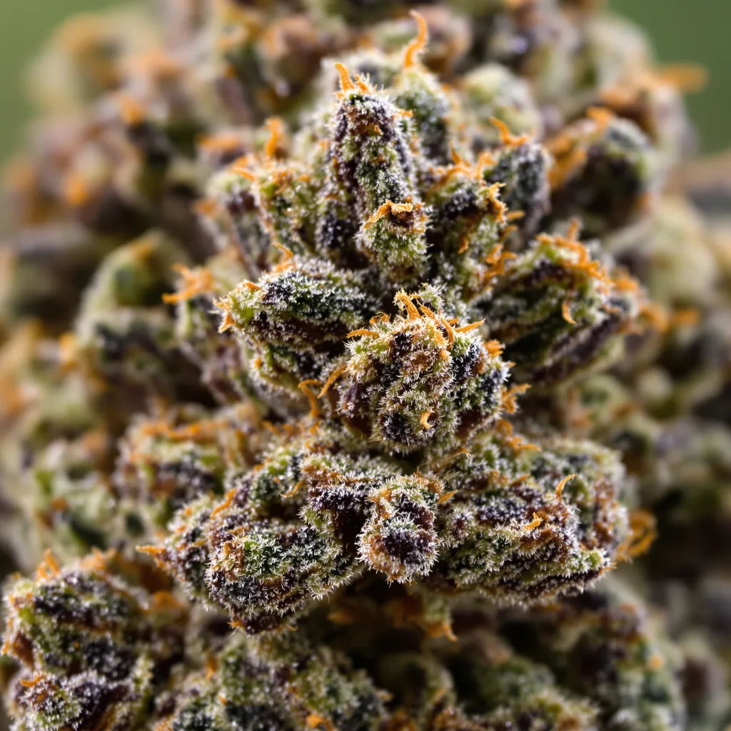 Primer plano de cogollo de cannabis Purple Bush mostrando cálices densos con tonos morados