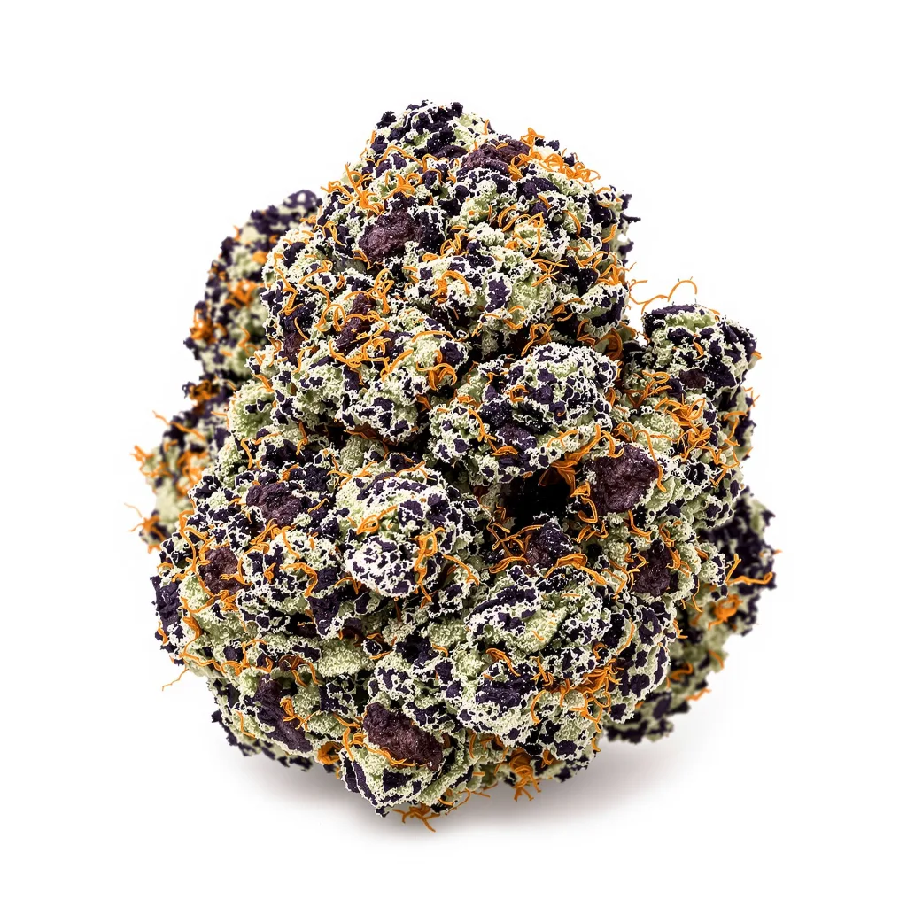 Purple Candy 77% indica / 23% sativa — flor con tricomas visibles
