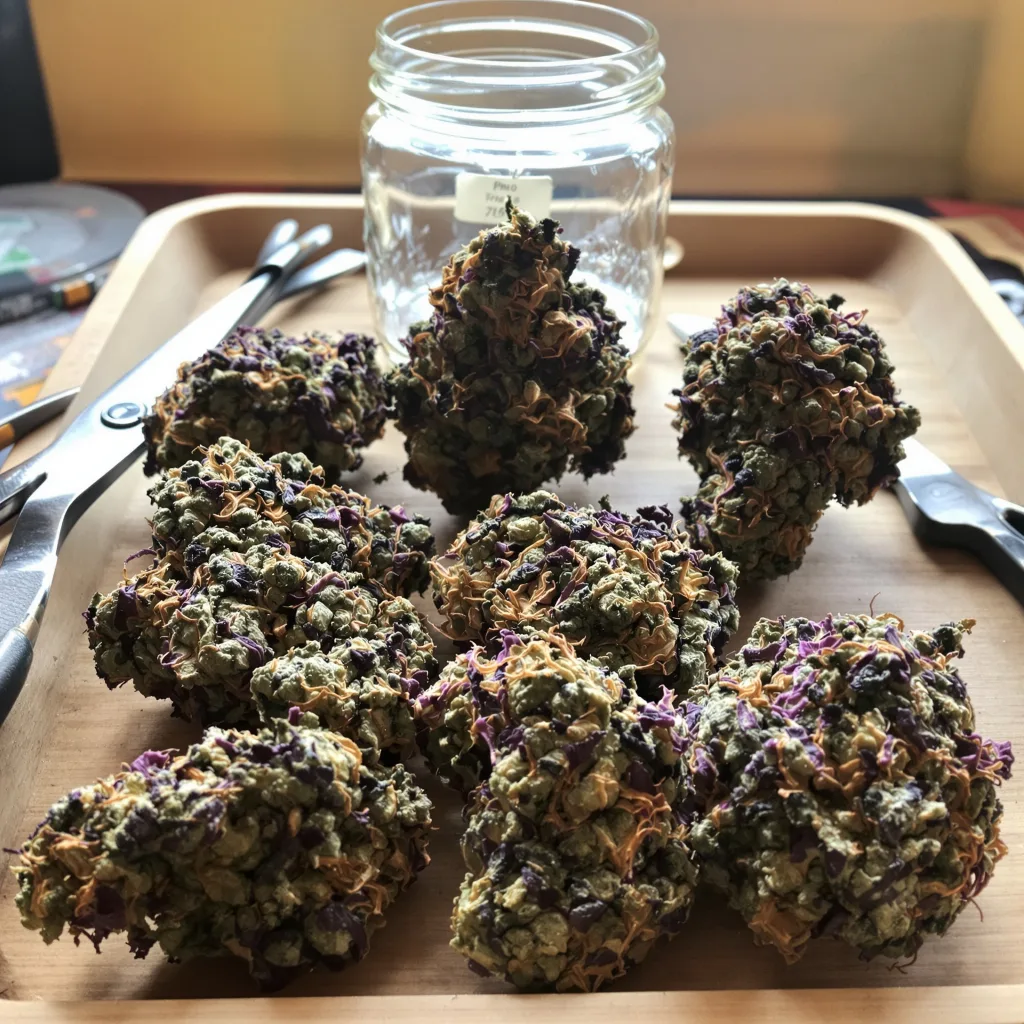 Purple Candy 77% indica / 23% sativa — flor con tricomas visibles
