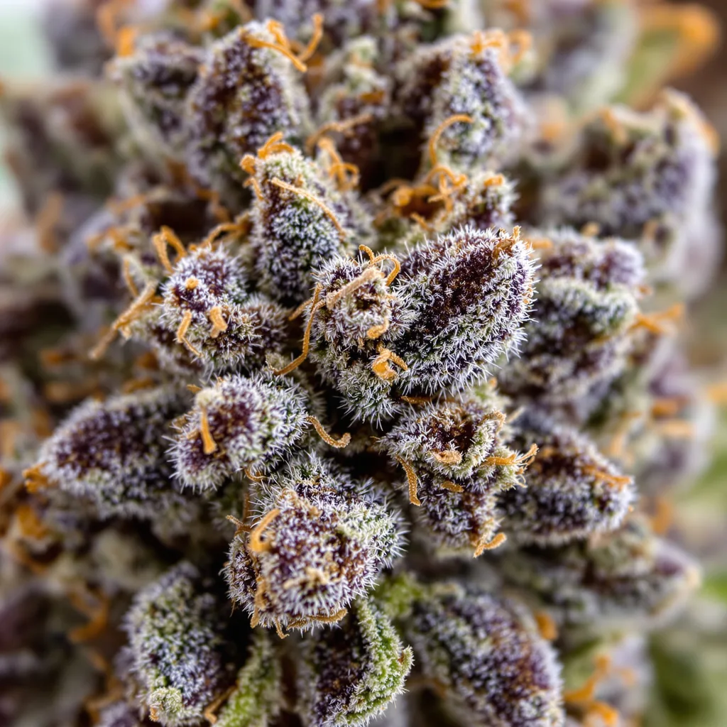 Primer plano de cogollo de cannabis Purple Candy mostrando cálices densos con tonos morados