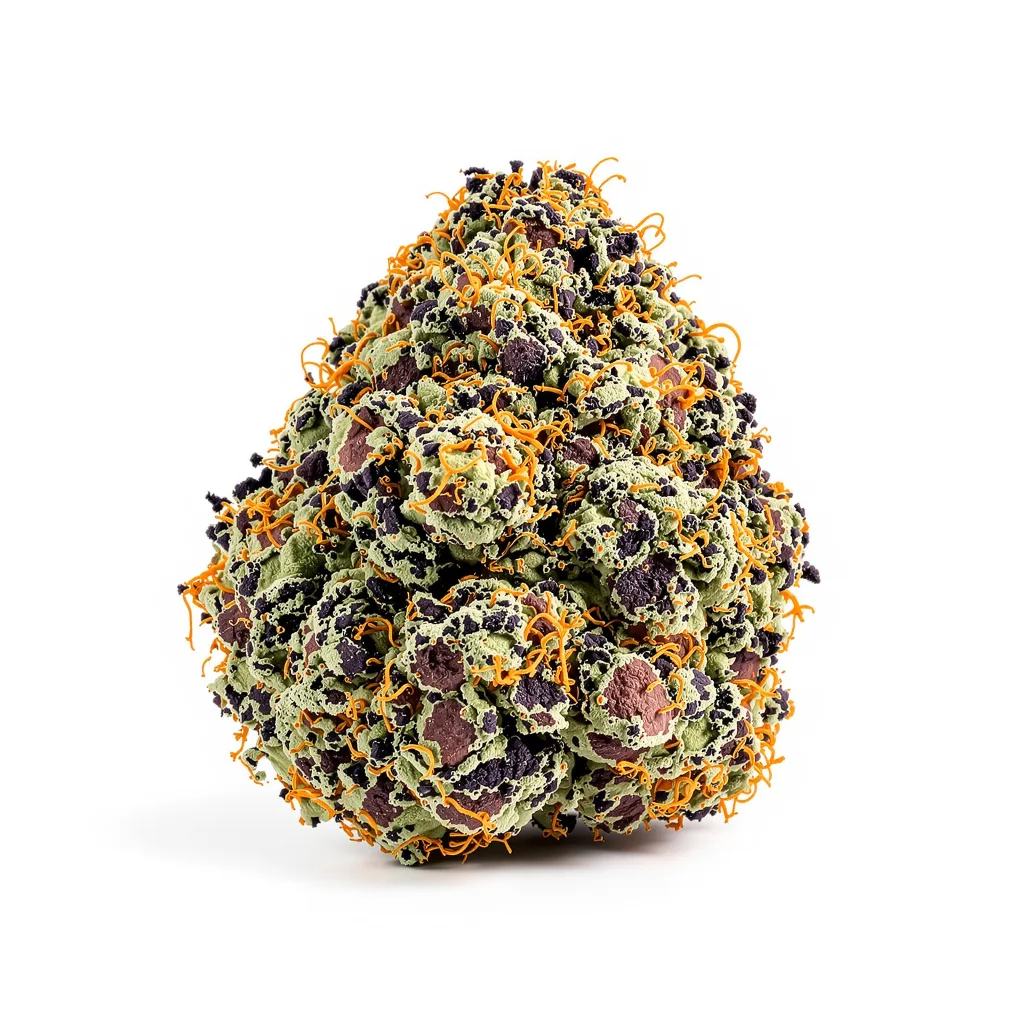 Purple Candy 77% indica / 23% sativa — flor con tricomas visibles