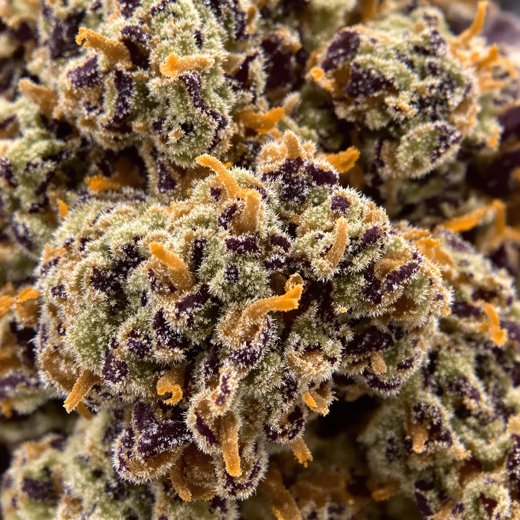Primer plano de cogollo de cannabis Purple Chemdawg mostrando cálices densos con tonos morados