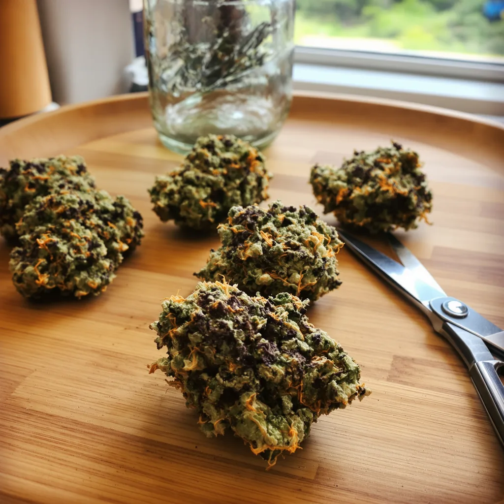 Purple Chemdawg 71% indica / 29% sativa — flor con tricomas visibles