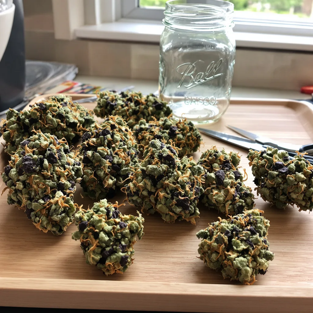 Purple Cotton Candy 79% indica / 21% sativa — flor con tricomas visibles