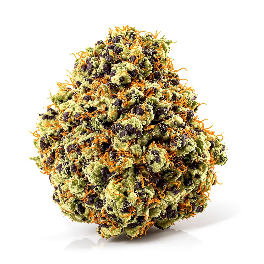 Purple Cotton Candy 79% indica / 21% sativa — flor con tricomas visibles