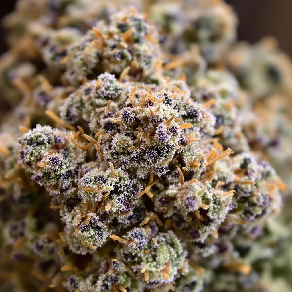 Primer plano de cogollo de cannabis Purple Cotton Candy mostrando cálices densos con tonos morados