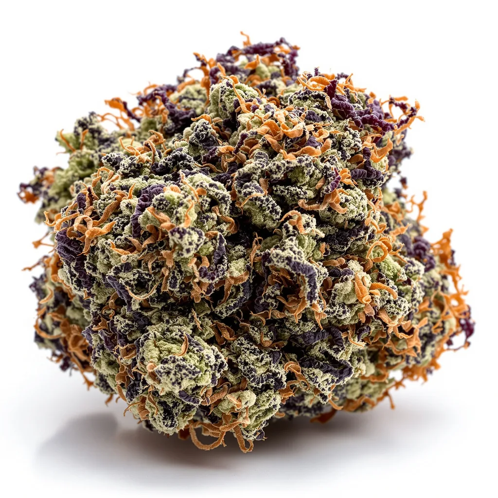 Purple Cotton Candy 79% indica / 21% sativa — flor con tricomas visibles