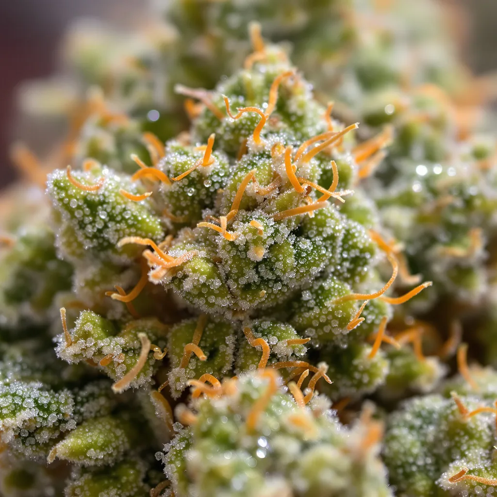 Primer plano de cogollo de cannabis Purple Diesel mostrando estructura aireada verde lima