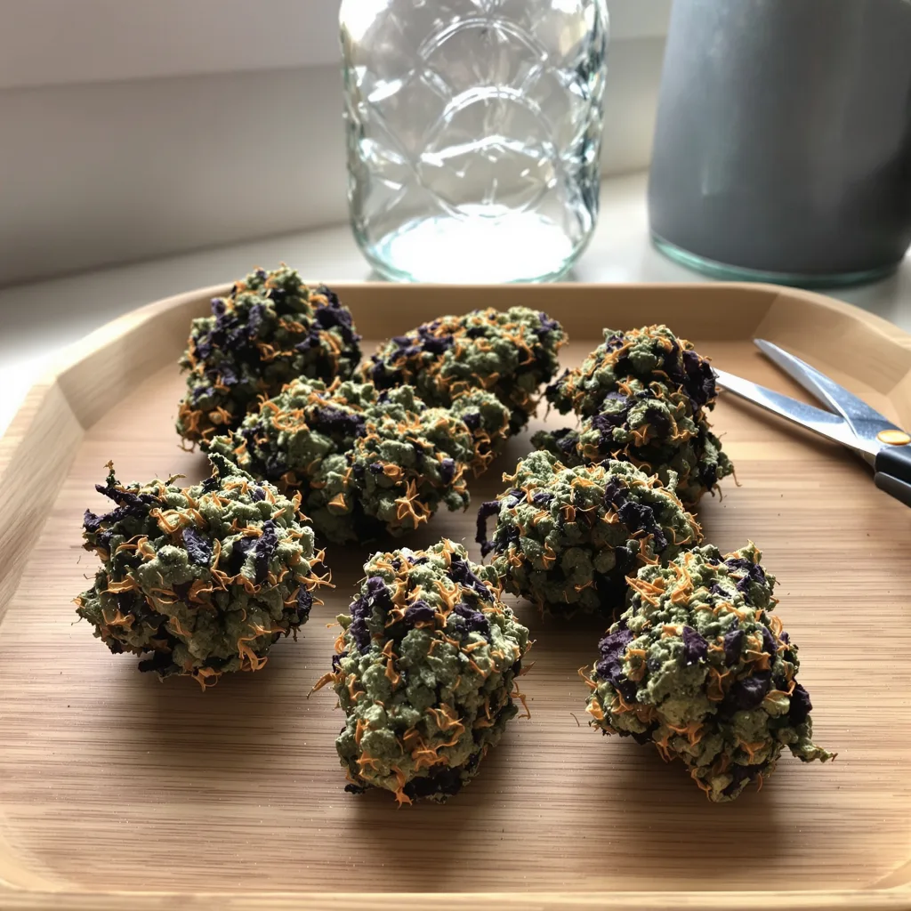 Purple Dragon 66% indica / 34% sativa — flor con tricomas visibles