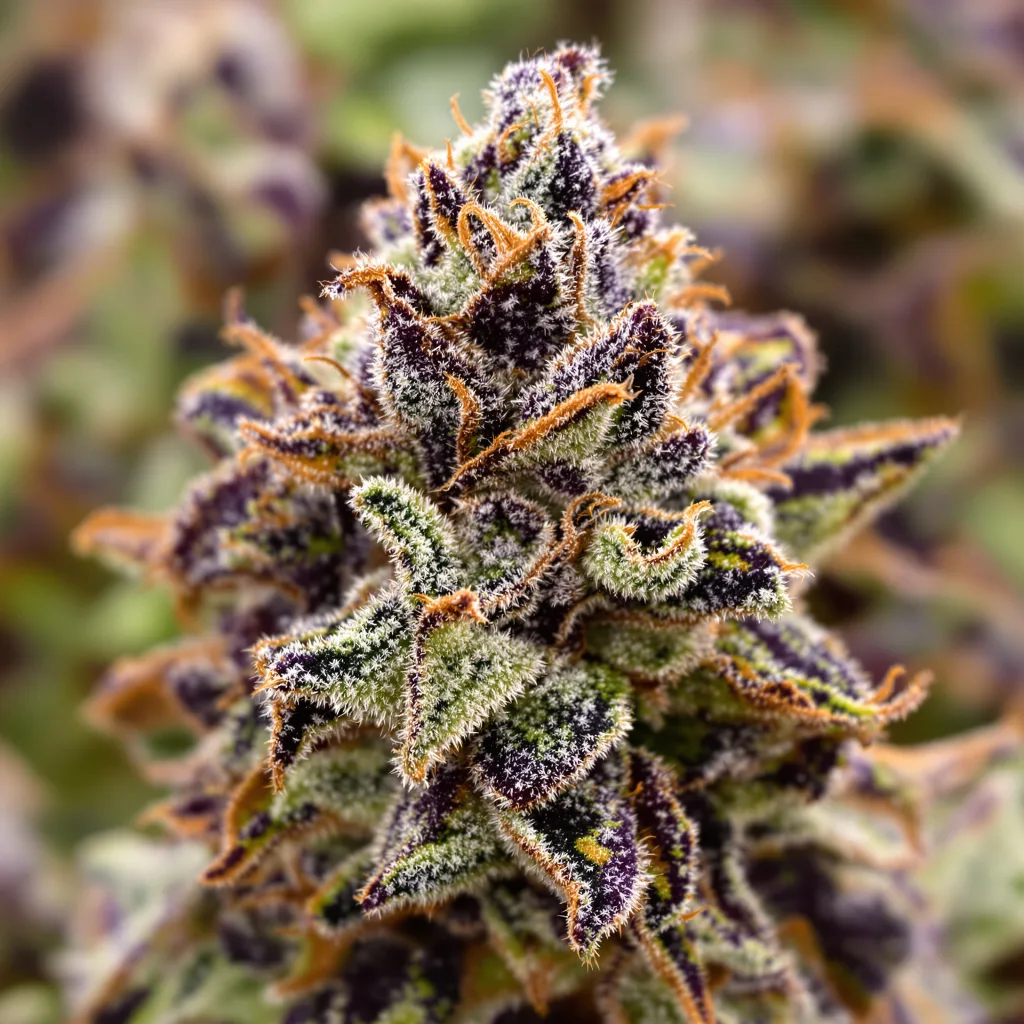 Primer plano de cogollo de cannabis Purple Dragon mostrando cálices densos con tonos morados