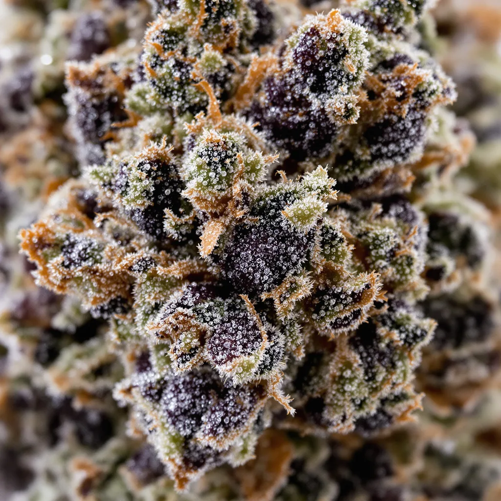 Primer plano de cogollo de cannabis Purple Dragon mostrando cálices densos con tonos morados