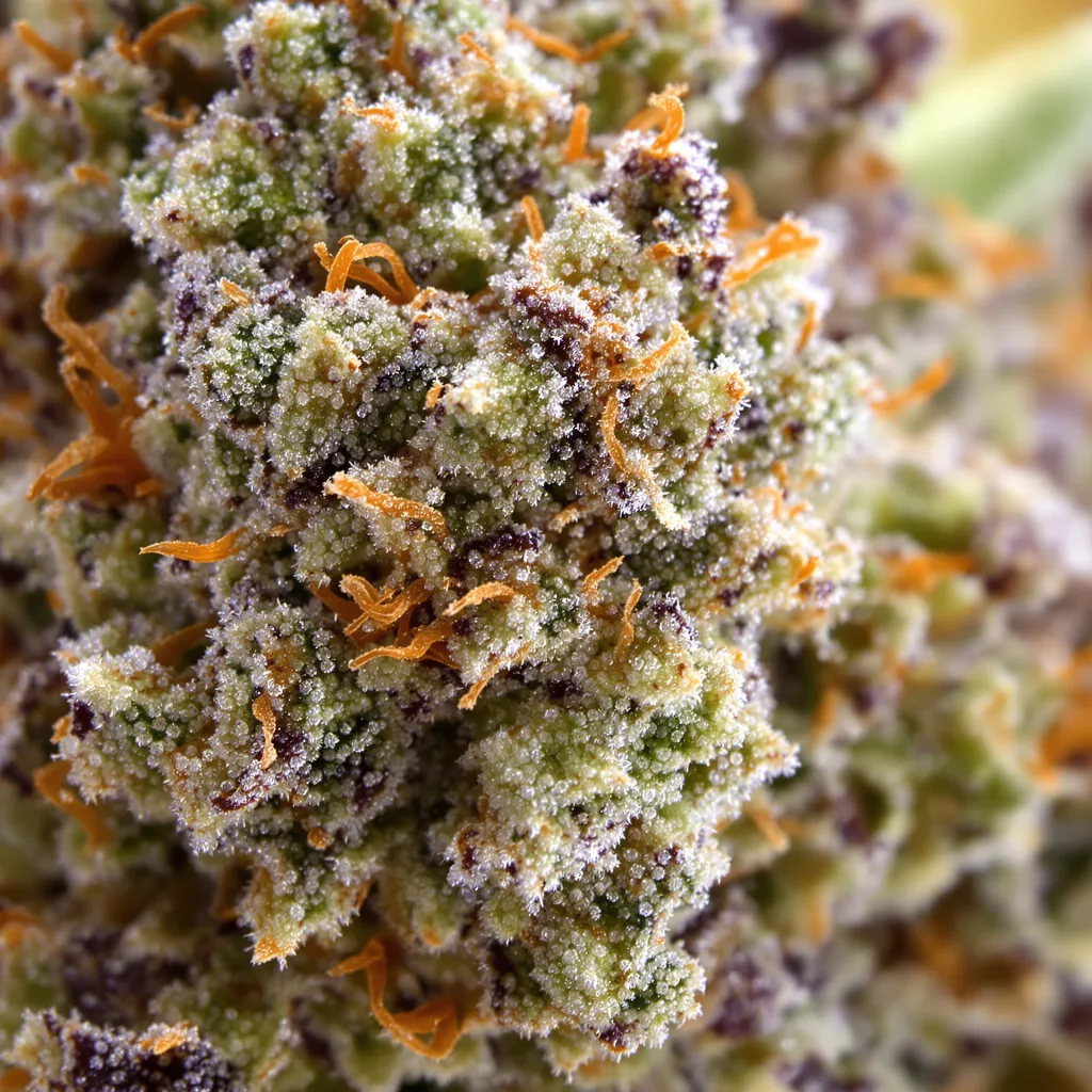 Primer plano de cogollo de cannabis Purple Dream mostrando estructura equilibrada con tricomas escarchados