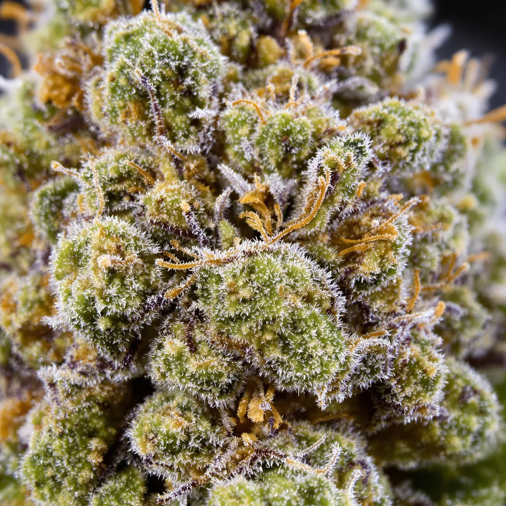Primer plano de cogollo de cannabis Purple Elephant mostrando cogollos densos verde bosque