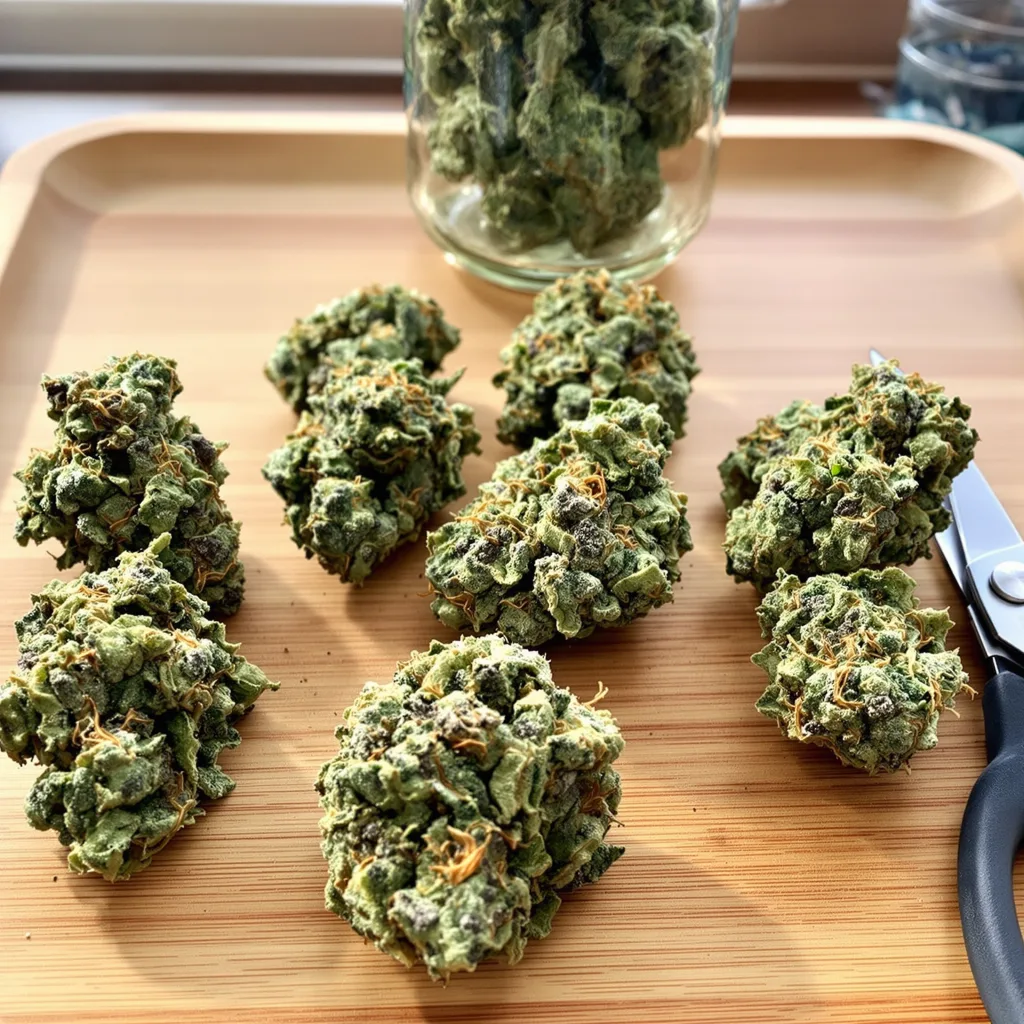 Purple Gorilla 46% indica / 54% sativa — flor con tricomas visibles