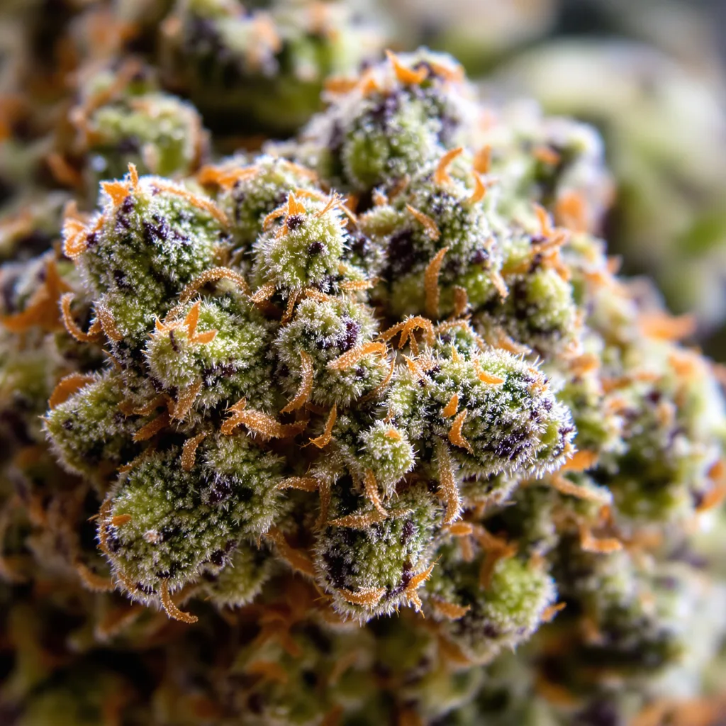 Primer plano de cogollo de cannabis Purple Gorilla mostrando estructura equilibrada con tricomas escarchados