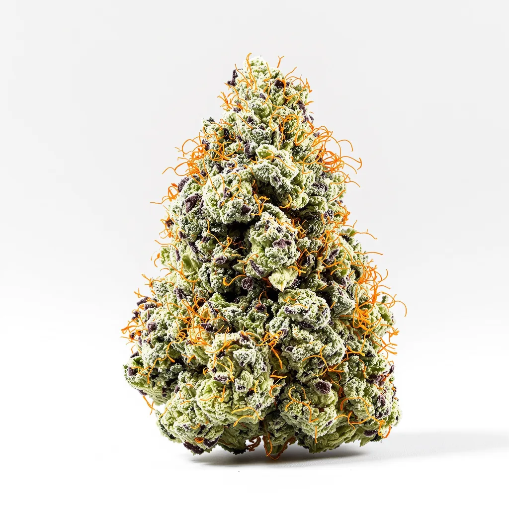 Purple Gorilla 46% indica / 54% sativa — flor con tricomas visibles