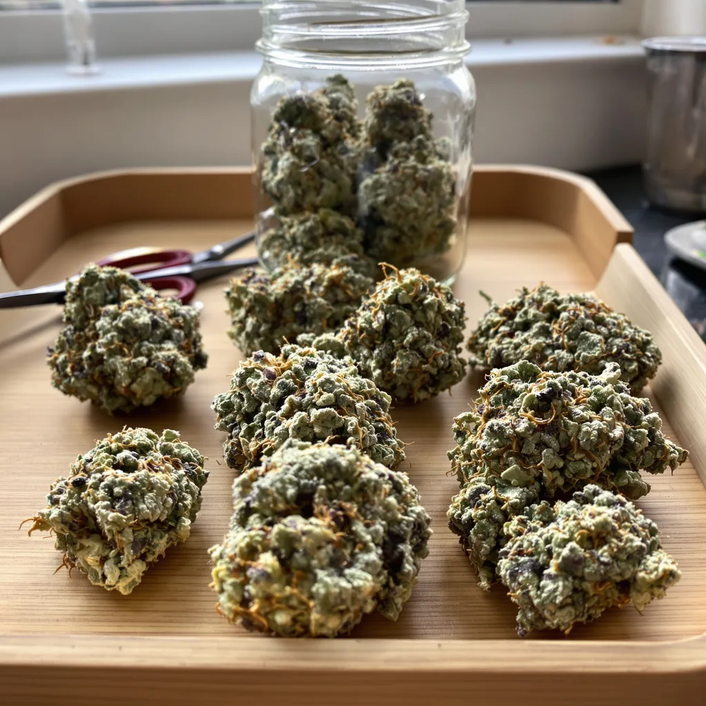 Purple Gorilla 46% indica / 54% sativa — flor con tricomas visibles