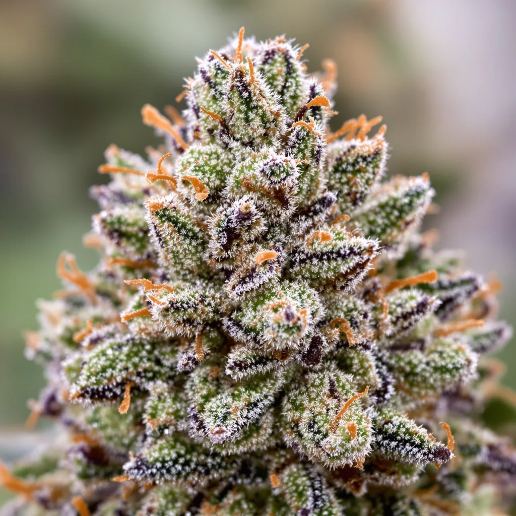Primer plano de cogollo de cannabis Purple Gorilla mostrando estructura equilibrada con tricomas escarchados