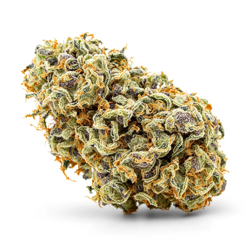 Purple Gorilla 46% indica / 54% sativa — flor con tricomas visibles
