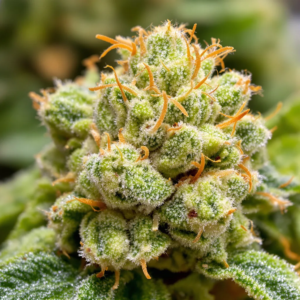 Primer plano de cogollo de cannabis Purple Haze mostrando estructura aireada verde lima