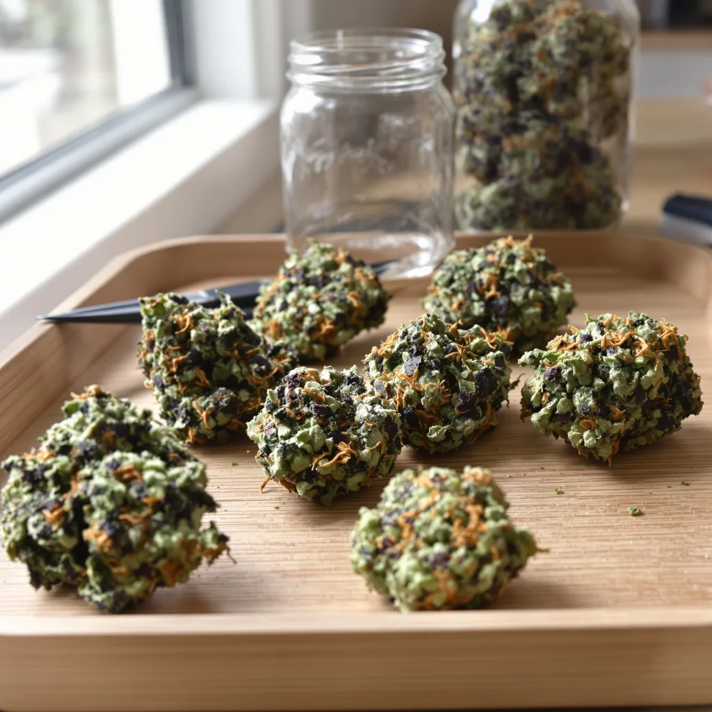 Purple Hindu Kush 100% indica / 50% sativa — flor con tricomas visibles