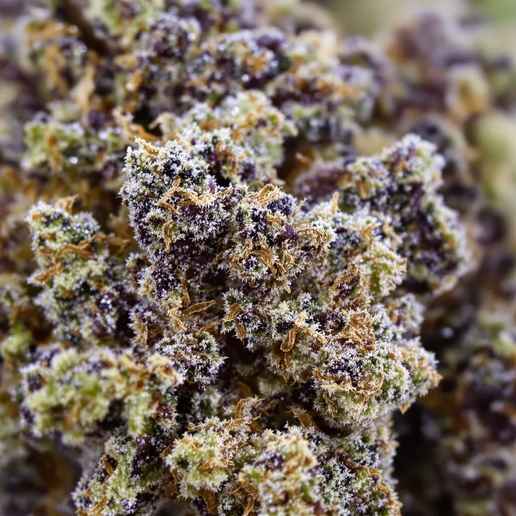 Primer plano de cogollo de cannabis Purple Hindu Kush mostrando cálices densos con tonos morados