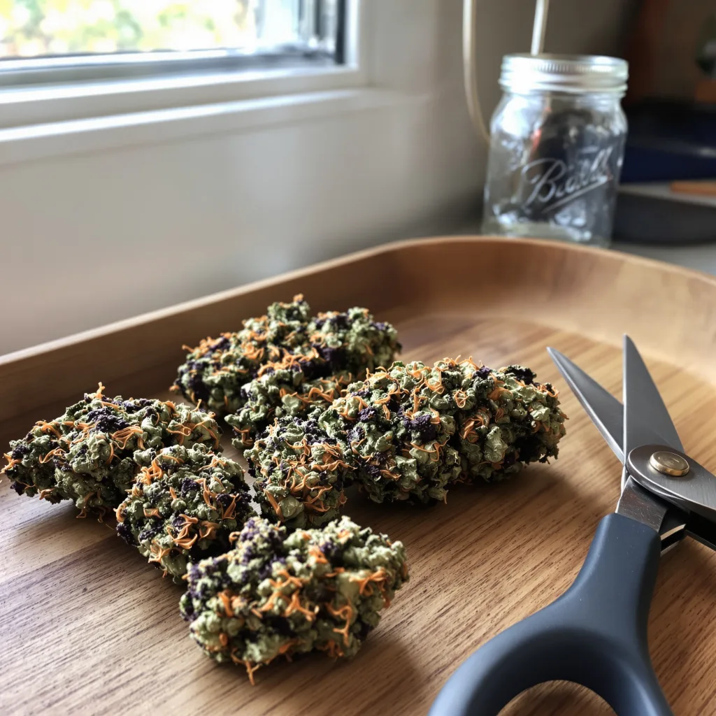 Purple Kush 81% indica / 19% sativa — flor con tricomas visibles