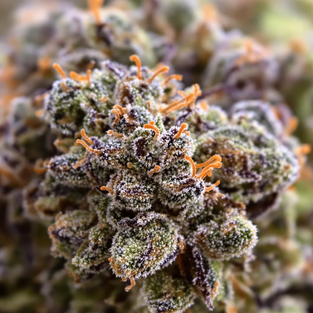 Primer plano de cogollo de cannabis Purple Kush mostrando cálices densos con tonos morados