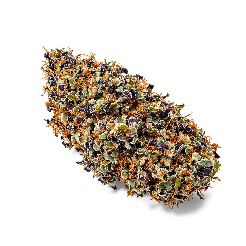 Purple Kush 81% indica / 19% sativa — flor con tricomas visibles