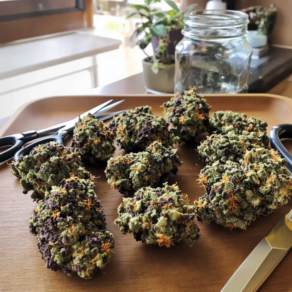 Purple Kush 81% indica / 19% sativa — flor con tricomas visibles