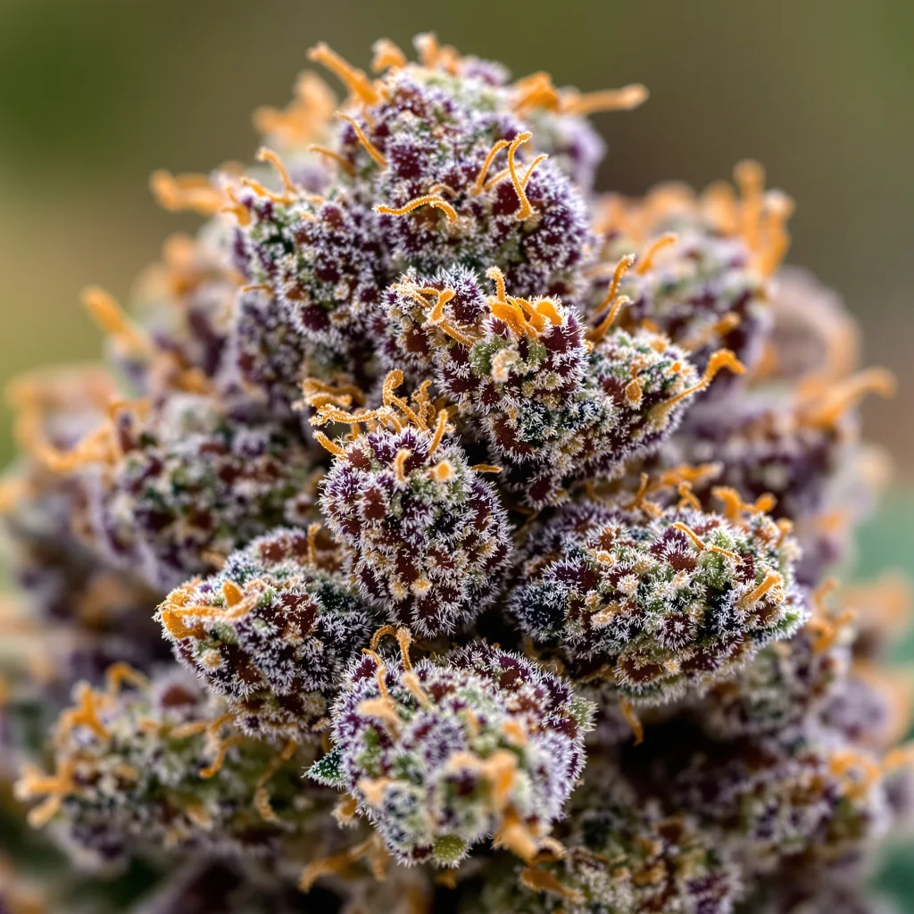 Primer plano de cogollo de cannabis Purple Kush mostrando cálices densos con tonos morados