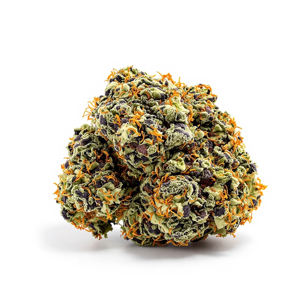Purple Kush 81% indica / 19% sativa — flor con tricomas visibles